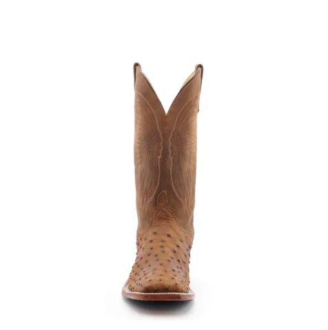 Men's Anderson Bean Tan Full Quill Ostrich with Black Hybrid Sole Square Toe Cowboy Boots-TAN