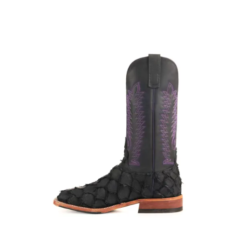 Men's Anderson Bean Black Pirarucu Wide Square Toe Exotic Cowboy Boots-BLACK