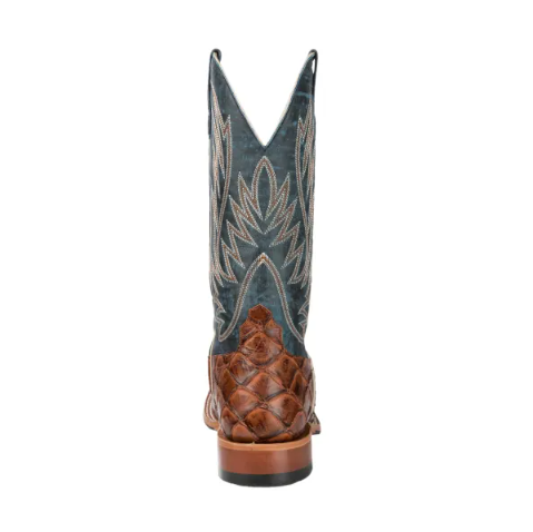 Men's Anderson Bean Horse Power Cognac Fish Print and Blue Double Welt Wide Square Toe Cowboy Boots-