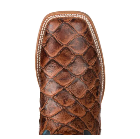 Men's Anderson Bean Horse Power Cognac Fish Print and Blue Double Welt Wide Square Toe Cowboy Boots-