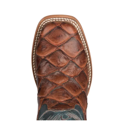 Anderson Bean | Youth Horse Power Cognac Fish Print and Green Wide Square Toe Western Boot-COGNAC