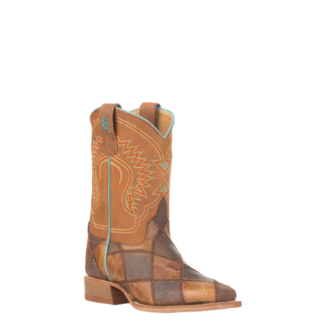 Anderson Bean | Kids' Brown & Tan Patchwork Square Toe Western B - Click Image to Close