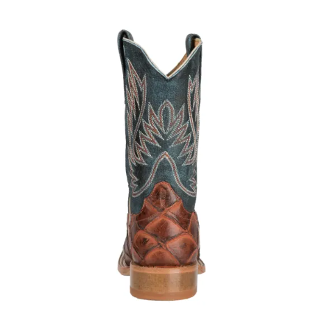 Anderson Bean | Kids Horse Power Cognac Fish Print and Green Wide Square Toe Western Boot-COGNAC