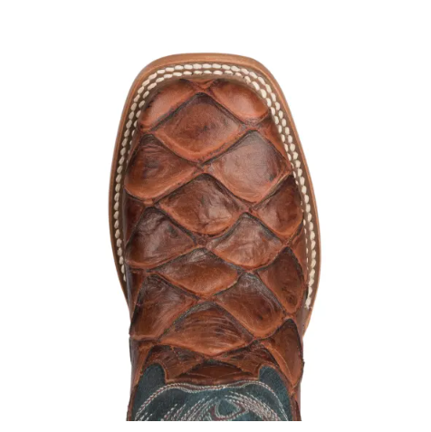 Anderson Bean | Kids Horse Power Cognac Fish Print and Green Wide Square Toe Western Boot-COGNAC