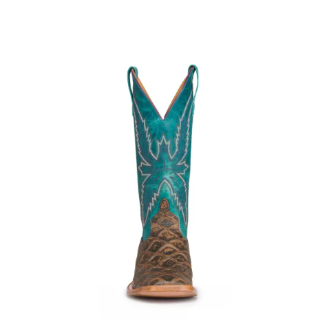 Women's Anderson Bean Macie Bean Cocoa Brown Fish Print and Turquoise Square Toe Cowboy Boots-SADDLE