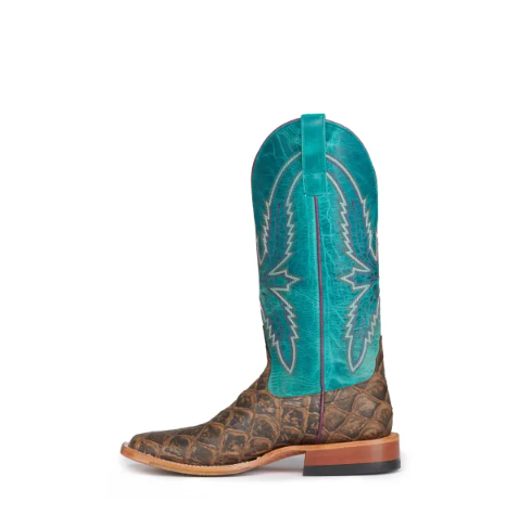Women's Anderson Bean Macie Bean Cocoa Brown Fish Print and Turquoise Square Toe Cowboy Boots-SADDLE