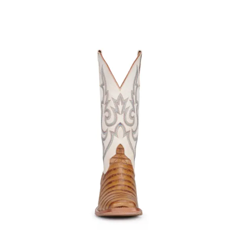 Women's Anderson Bean Macie Bean Antique Saddle Caiman Print and Bone Wide Square Toe Cowboy Boots-S