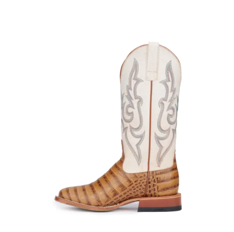 Women's Anderson Bean Macie Bean Antique Saddle Caiman Print and Bone Wide Square Toe Cowboy Boots-S