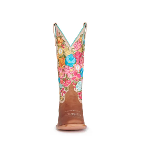Women's Anderson Bean Macie Bean Cognac and Bone with Floral Embroidery Wide Square Toe Cowboy Boots