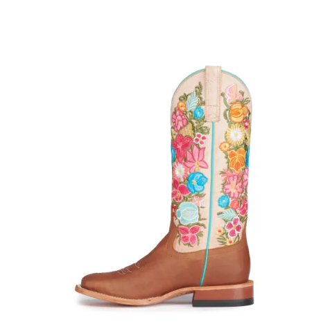 Women's Anderson Bean Macie Bean Cognac and Bone with Floral Embroidery Wide Square Toe Cowboy Boots
