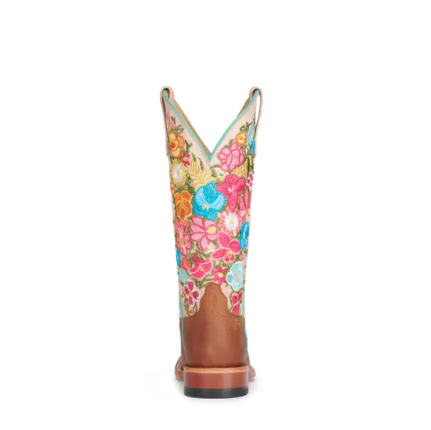 Women's Anderson Bean Macie Bean Cognac and Bone with Floral Embroidery Wide Square Toe Cowboy Boots