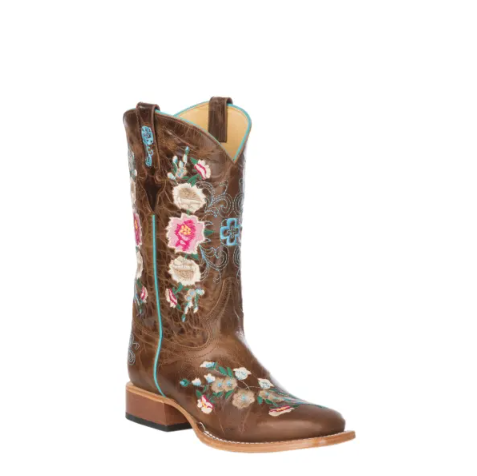 Macie Bean | Kid's Antiqued Honey Brown with Rose Garden Embroidery Square Toe Western Boots-TAN Macie Bean | Kid's Antiqued Honey Brown with Rose Garden Embroidery Square Toe Western Boots-TAN