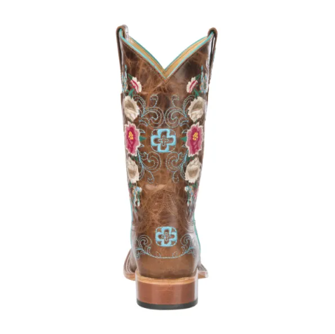 Macie Bean | Kid's Antiqued Honey Brown with Rose Garden Embroidery Square Toe Western Boots-TAN