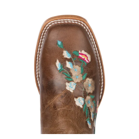 Macie Bean | Kid's Antiqued Honey Brown with Rose Garden Embroidery Square Toe Western Boots-TAN