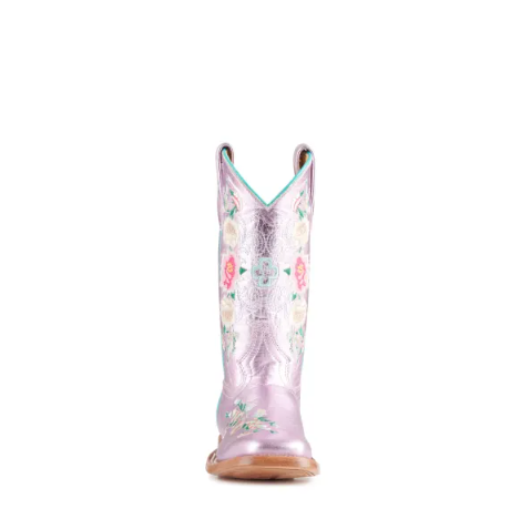 Anderson Bean | Kids Macie Bean Metallic Pink Floral Embroidered Square Toe Cowboy Boots-LIGHT PINK