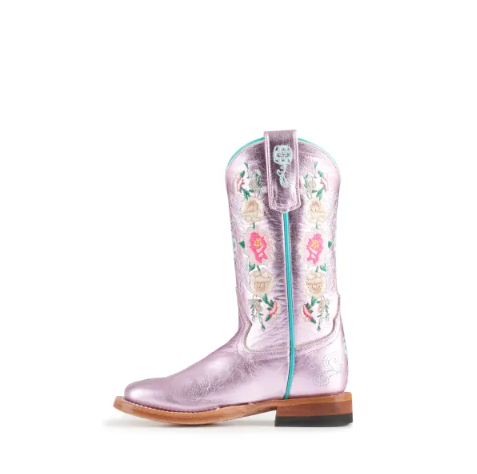 Anderson Bean | Kids Macie Bean Metallic Pink Floral Embroidered Square Toe Cowboy Boots-LIGHT PINK
