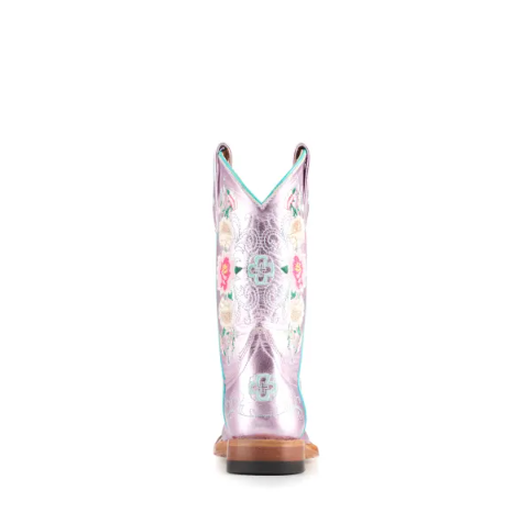 Anderson Bean | Kids Macie Bean Metallic Pink Floral Embroidered Square Toe Cowboy Boots-LIGHT PINK