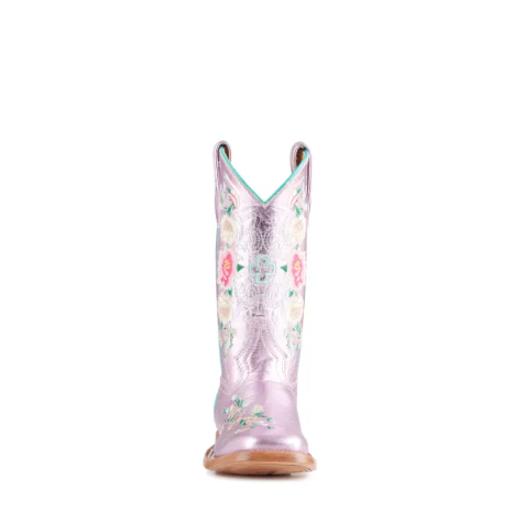 Anderson Bean | Youth Macie Bean Metallic Pink Floral Embroidered Square Toe Cowboy Boots-LIGHT PINK