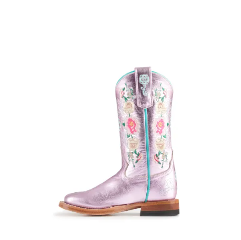 Anderson Bean | Youth Macie Bean Metallic Pink Floral Embroidered Square Toe Cowboy Boots-LIGHT PINK