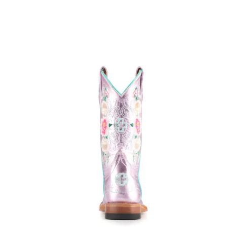Anderson Bean | Youth Macie Bean Metallic Pink Floral Embroidered Square Toe Cowboy Boots-LIGHT PINK