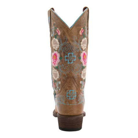 Anderson Bean | Youth Macie Bean Antiqued Honey Brown with Rose Garden Embroidery Snip Toe Boots-BRO